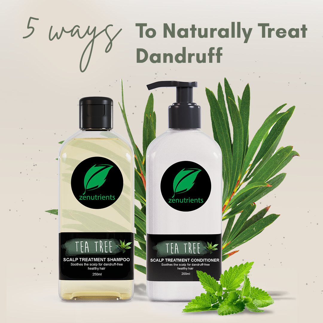 natural dandruff remedies include minimizing stress, using apple cider vinegar, using Zenutrients tea tree shampoo and conditioner, increasing omega-3 intake, and increasing probiotic intake